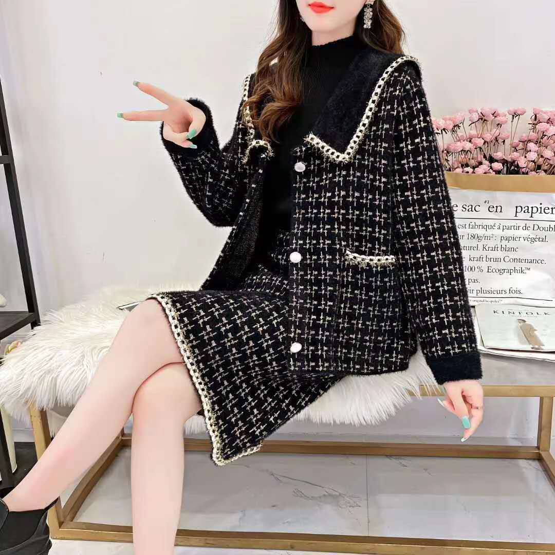 ミンクのベルベットのスーツの女性の春の新しいスリムな格子縞のニット 2 ピース スカートの女性