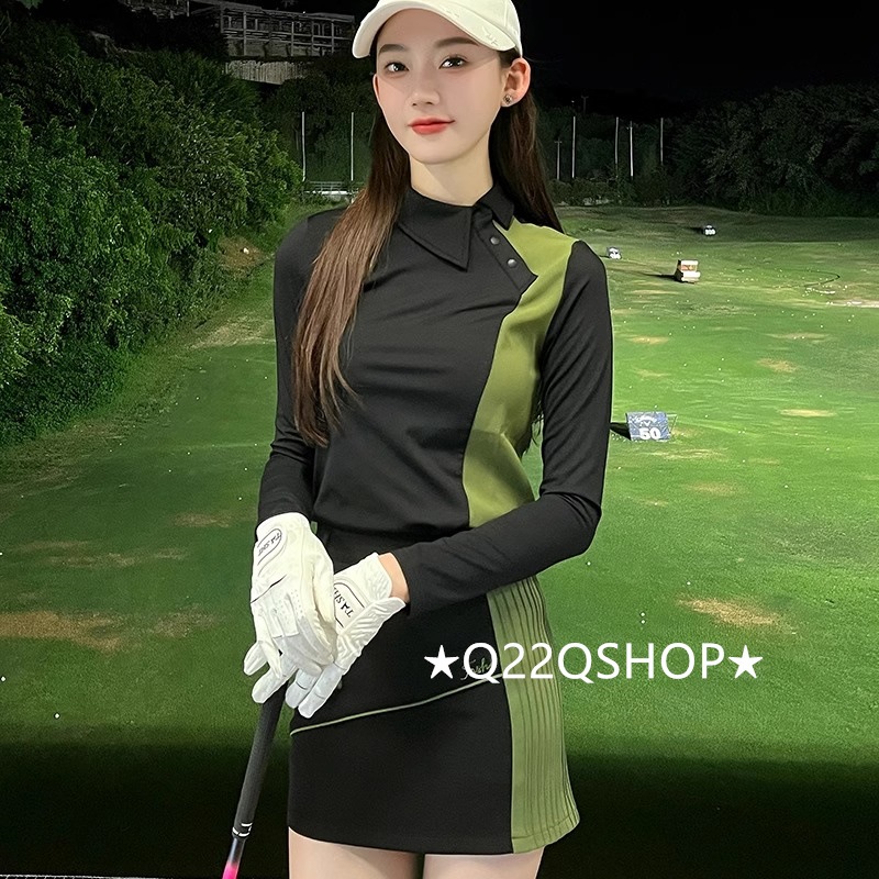ゴルフウェア 春 秋冬 上下セット レディース スポーツウェア トップス Tシャツ 長袖 スカート ミニスカート 配色 黒緑 セットアップ 春 女性 テニスウェア 速乾 通気性 韓国風