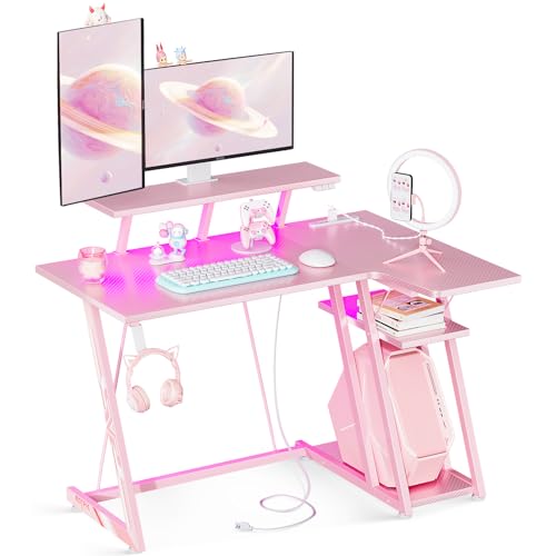 L字型 ゲーミングPCデスク LEDライト 炭素繊維 モニター台 フック コンセント付き ピンク 15,374円