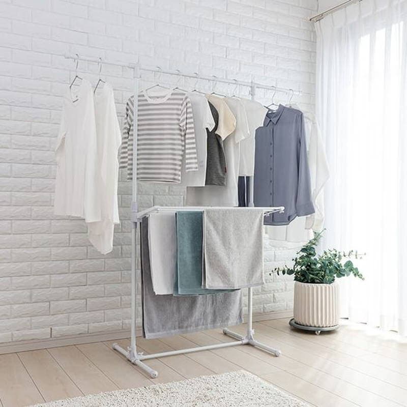 室内物干しスタンド 布団干し タオル干し付き H型 高さ伸縮 ものほしスタンド ホワイト 工具不要 簡単設計