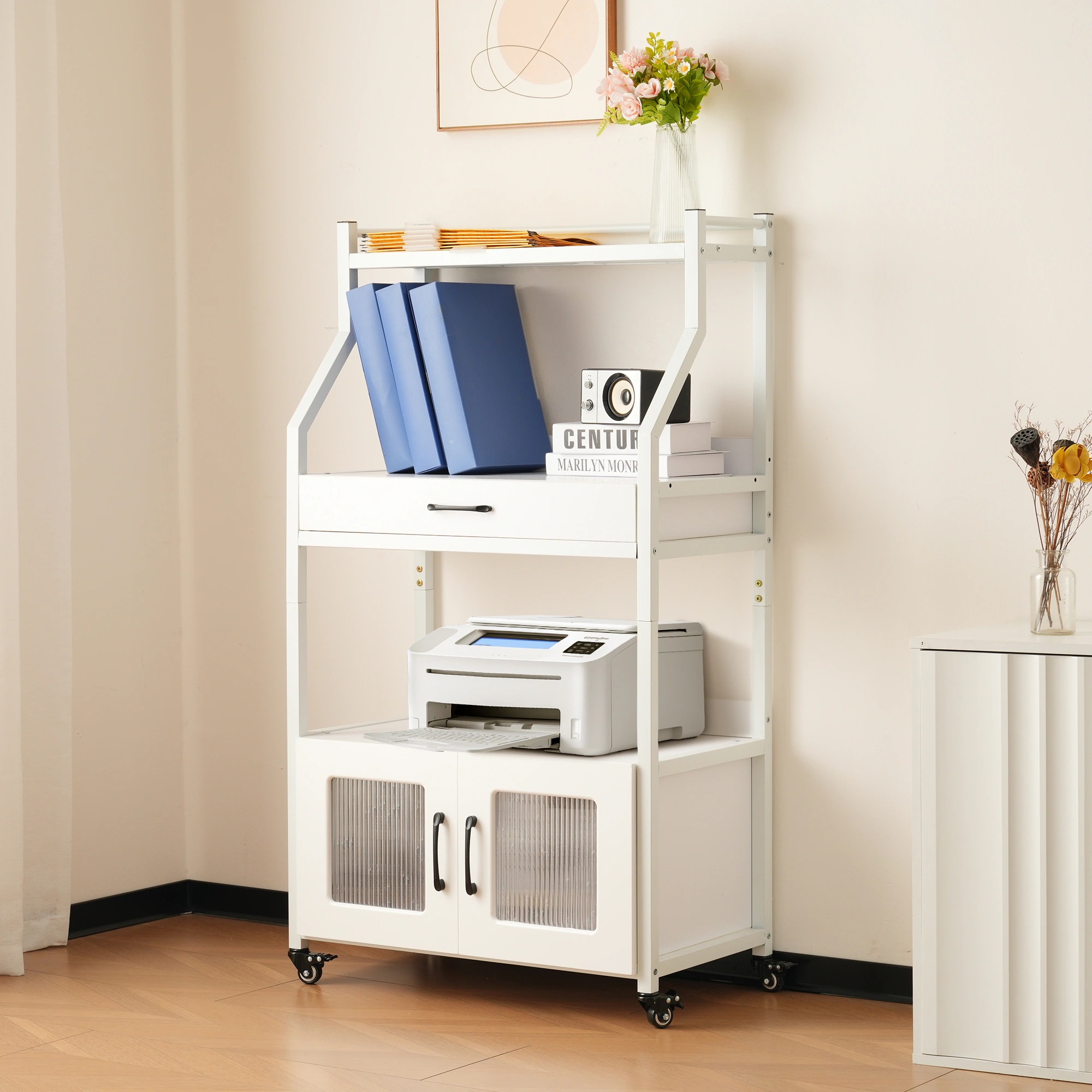 260プリンター台 プリンターラック キャスター付き プリンター収納 大容量 デスク収納 木製 本ラック 収納ラック コンパクト 360回転ラック オフィス 部屋 収納用 コミックラック 漫画収納