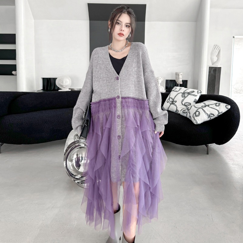 【J.Fashion】 2024秋冬新品 ニットワンピース チュールドッキング ニットカーディガン ロングカーディガン セーター メガ割 7,590円