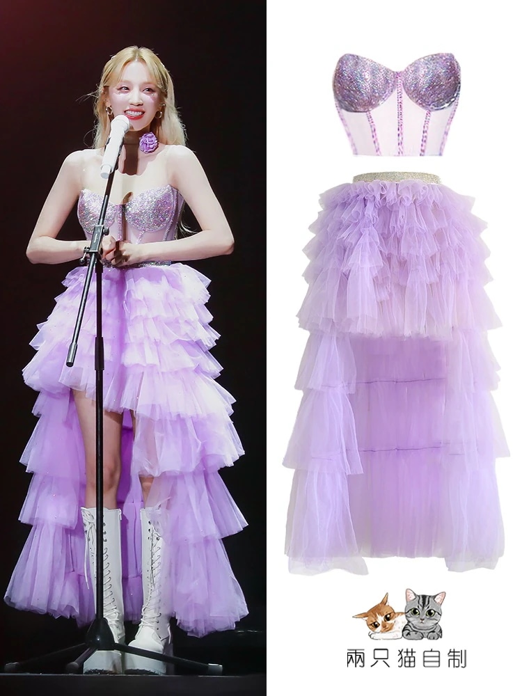 gidle Song Yuqiコンサートパープルチューブトップメッシュふわふわケーキスカートスーツステージ衣装