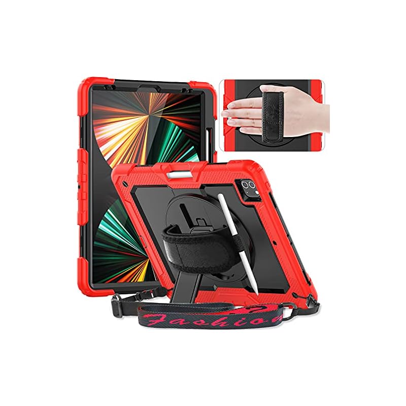 Timecity iPad Pro 12.9 ケース 2022新型 第6/5/4/3世代 頑丈 耐衝撃 ワイヤレス充電対応 スタンド機能 保護フィルム付き ペン収納 ハンドストラップ付き 肩掛け キズ