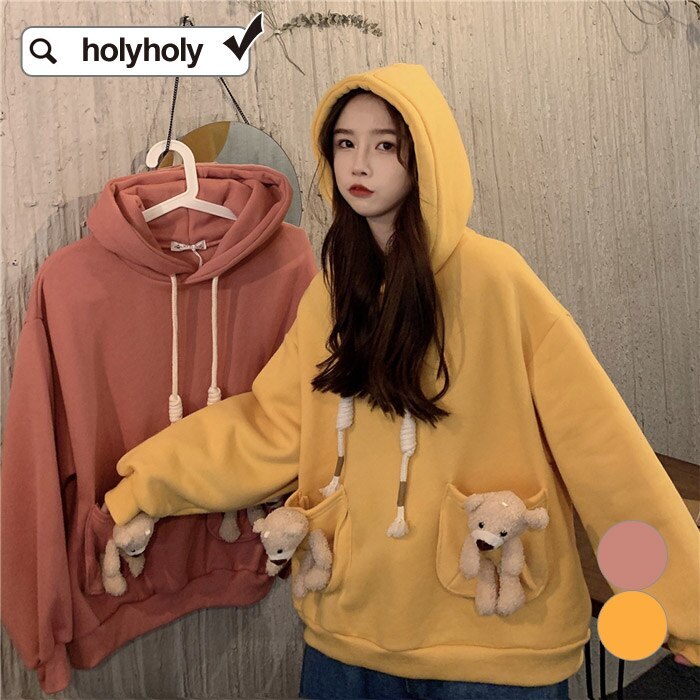 ポケット2クマ裏起毛長袖レディースファッショントップスパーカー