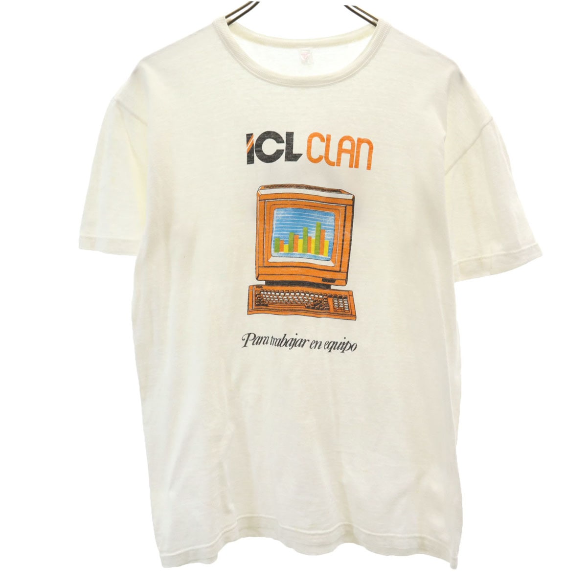 VINTAGE ヴィンテージ 80s スペイン製 ユーロ 半袖 染み込みプリント 企業 Tシャツ 5 ホワイト ICL メンズ 古着