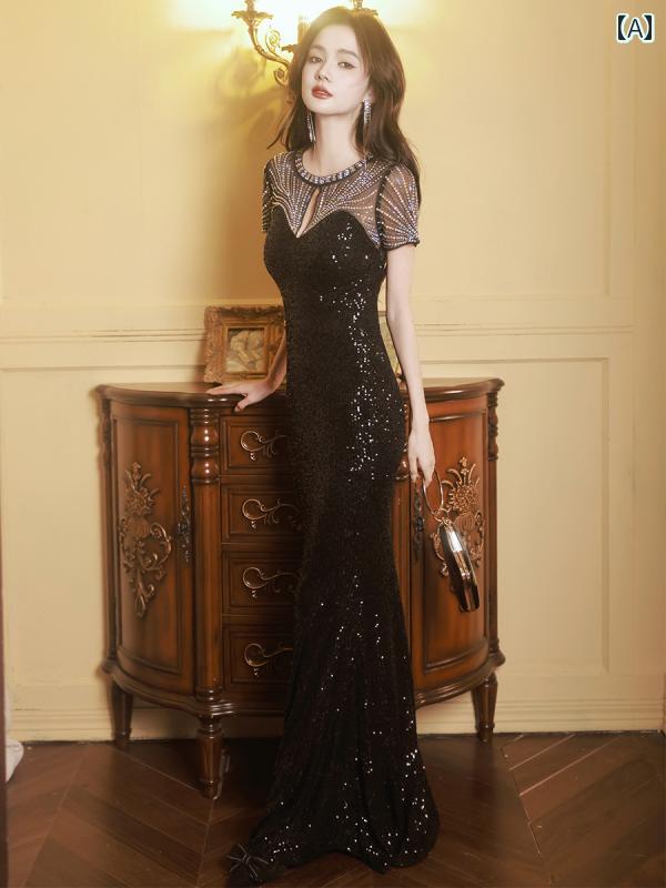 ドレス　パーティー　レディース 大きいサイズ ブラック スパンコール 司会者 コーラス ドレス カー ショー KTV 足 湯 高級 クラブ フィッシュ テール 半袖