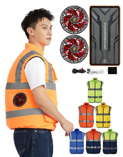 [AZJOB] ファン付きベスト 反射 幅広反射テープ 空調作業服ベスト 12V高電圧出力 20000MAH大容量 ファンバッテリーセット 4段階風速調整 大風量 熱中症対策 高視認性安全服(M,JU