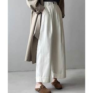ボトムス レディース ワイドパンツ アンクルパンツ ロールアップ タック 長ズボン ハイウエスト 大人可愛い カジュアル シンプル ナチュラル ベーシック 大人女子 おしゃれ お洒落 かっこいい シッ