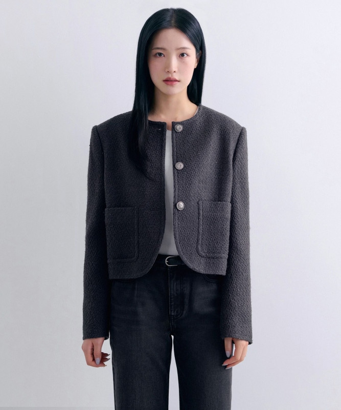 ウーマンズラウンドネックツイードジャケット[ガンメタル]