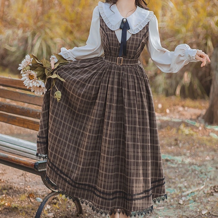 清楚系 姫系 レトロ こんなの欲しかったが詰まったワンピース 安定のブラウンチェックレディースファッション ワンピース