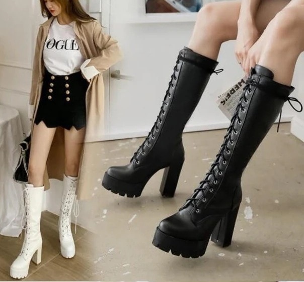 厚底ブーツ ロングブーツ レースアップブーツ 美脚 編み上げ ブーツ ゴスロリ コスプレ 太ヒール 黒