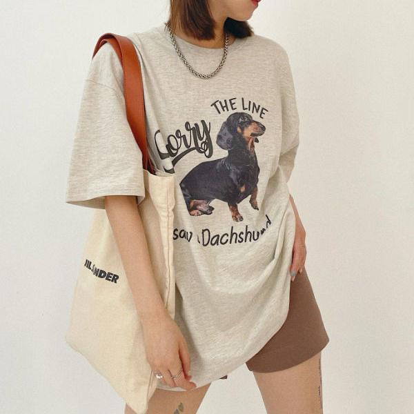 トップス レディース Tシャツ 着痩せ オーバーサイズ Y2Kスタイル ギャル 半袖 夏 かわいい 韓国 ファッション シンプル 無地 ダックスフント uvカット