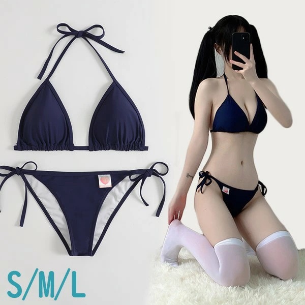 水着 三角ビキニ 上下セット レディース ネイビー ホルターネック かわいい 無地 水着 タイサイドビキニ 紐ビキニ 撮影 温泉 プール ビーチ 海 夏 ブラジリアンビキニ S M L ec118t2