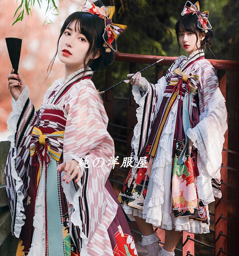 ジャンパースカート 着物 羽織 リボン 3点セット 着物 ドレス 和服 ロリータ ドレス ミモレ丈 和風 ロリータ ワンピース 矢根柄 交差 羽織 フリルいっぱい お姫様 桜 菊 達磨 和柄 LOL