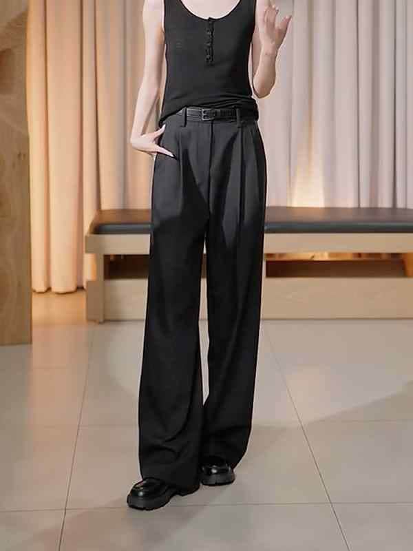 レディース ファッション オシャレ カワイイ シンプル 人カワイイ きいサイズ アメリカン ハイウエスト プリーツ ストレート ワイド レッグ カジュアル パンツ スリム