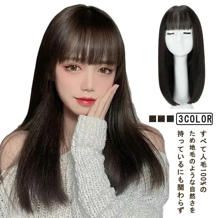 好評 一部即納！フルウィッグ ロング ストレート セミロング フルウィッグ ミディアム 自然黒 自然茶 最高級人毛100% 総手植え ミセス 自然 かつら 医療用 全頭かつら ブラック ナチュラル ブ
