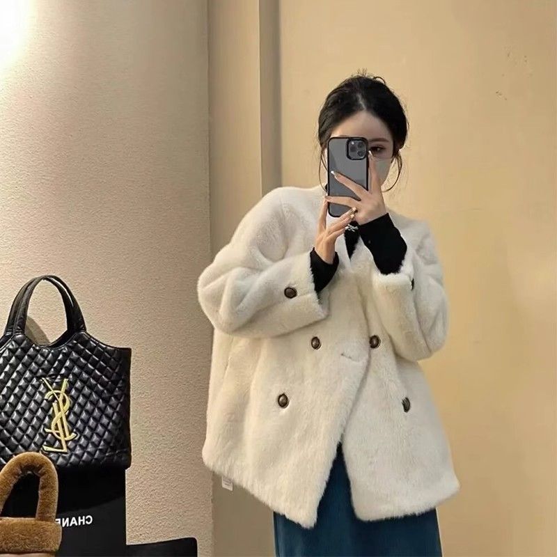 冬の新作 2025冬ヤングミンクショートvネックファーワンピースミンクぬいぐるみ環境に優しいファーファージャケット女性用