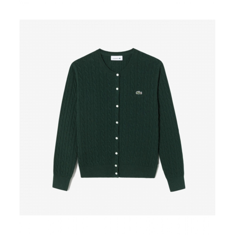 LACOSTE レディースケーブルクルーネックカーディガン [グリーン]
