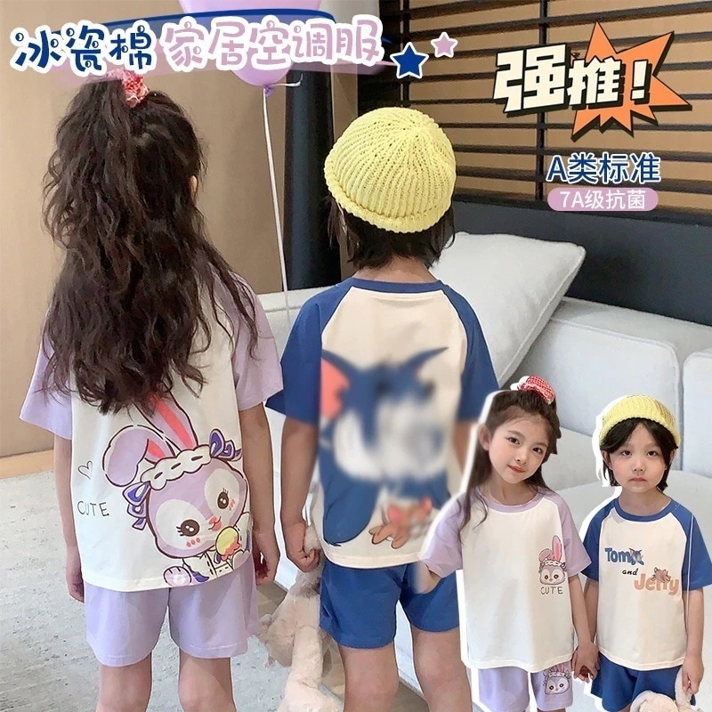 子供用ラウンジウェアセット:夏の男の子と女の子吸汗速乾性肌に優しい半袖ショーツ抗菌パジャマ女の子のエアコン付きの服
