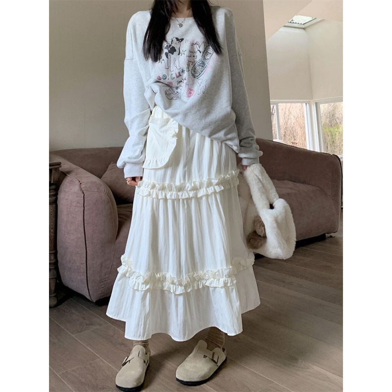 【1つ買うと10つ無料】ハイウエストの多目的なスリミングと肉を覆う中程度の長さのプリーツケーキスカートを持つ女性のためのフリルスカート