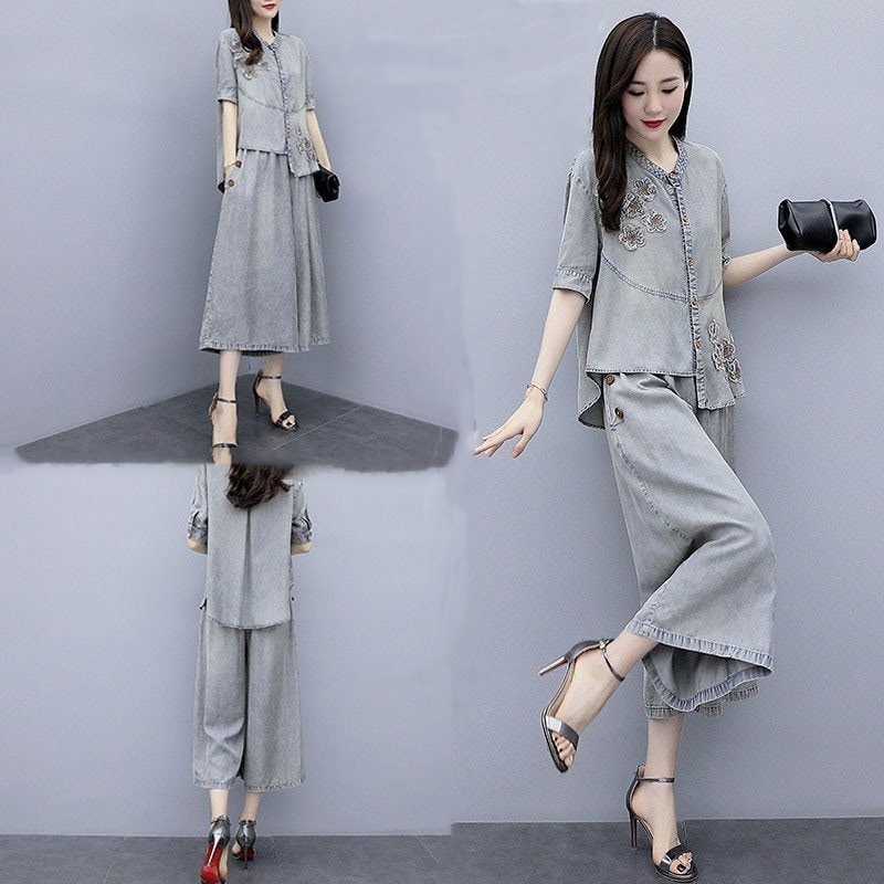 Hot!!!セットアップ レディース フォーマル 40代 デニム パンツドレス 刺繍 2点セット オフィス ラウ