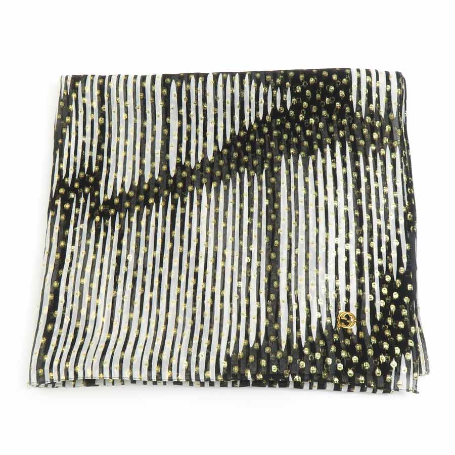 グッチ GUCCI ショール スカーフ シルク/ポリエステル ホワイト/ブラック/ゴールド レディース e60797i