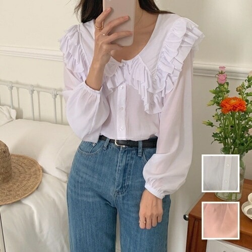 ブラウス シャツ 韓国 ファッション レディース 春 夏 カジュアル コーデ シンプル 定番 セレカジ 20代 30代 40代 2025 シアー ビッグカラー ドレープ デコルテ見せ
