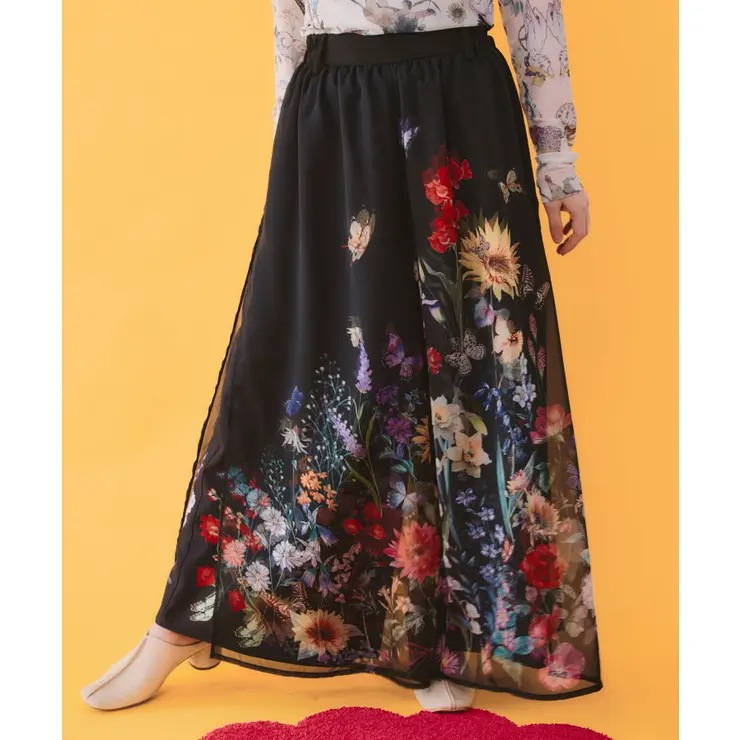 花柄シフォン×花柄生地 3D風パンツ
