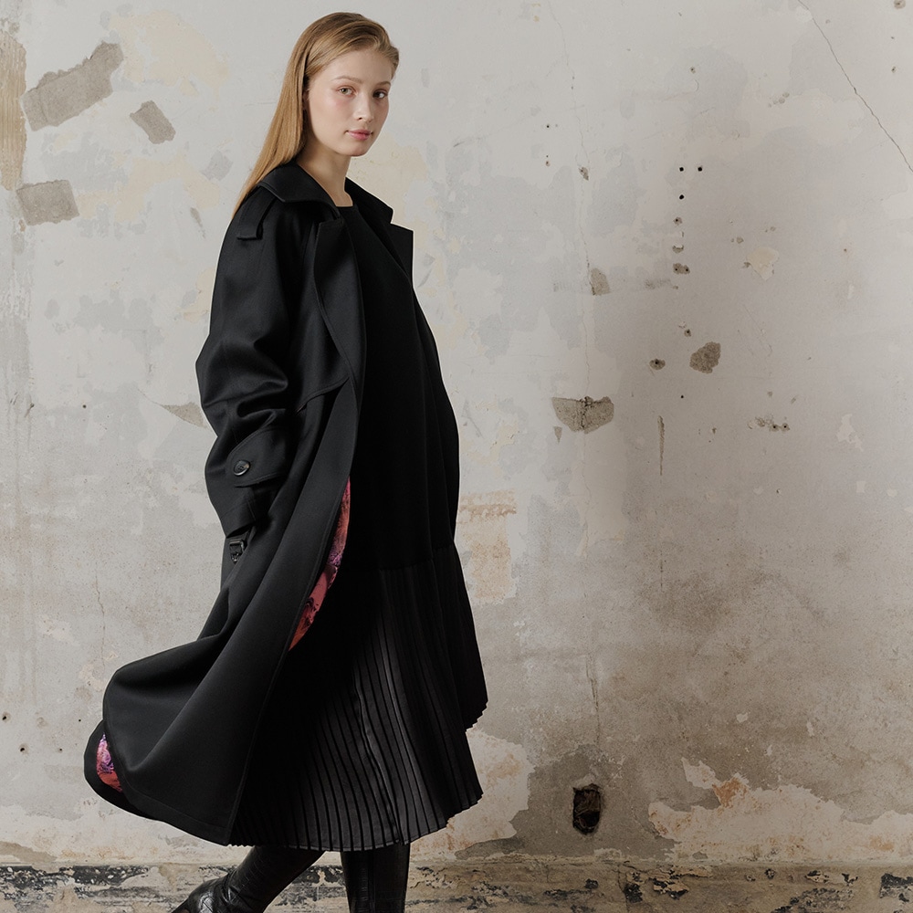 울 캐벌리 트윌 라이닝 패딩 오버핏 트렌치 벨티드 코트드레스_블랙