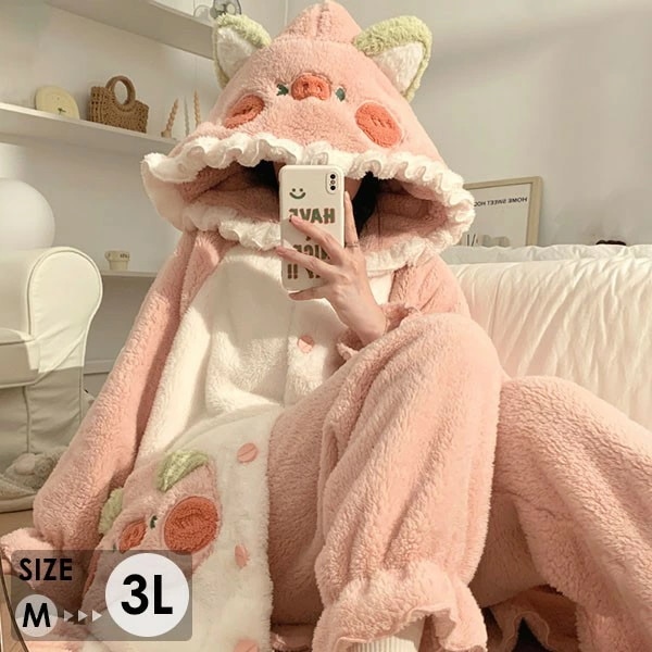 子豚 ルームウェア もこもこ モコモコパジャマ パジャマ 冬 長袖 ナイトガウン 着る毛布 前開き フード付き 寝巻き 部屋着 暖かい あったか 着ぐるみ モコモコ 大人用 ふわふわ 動物 レディース