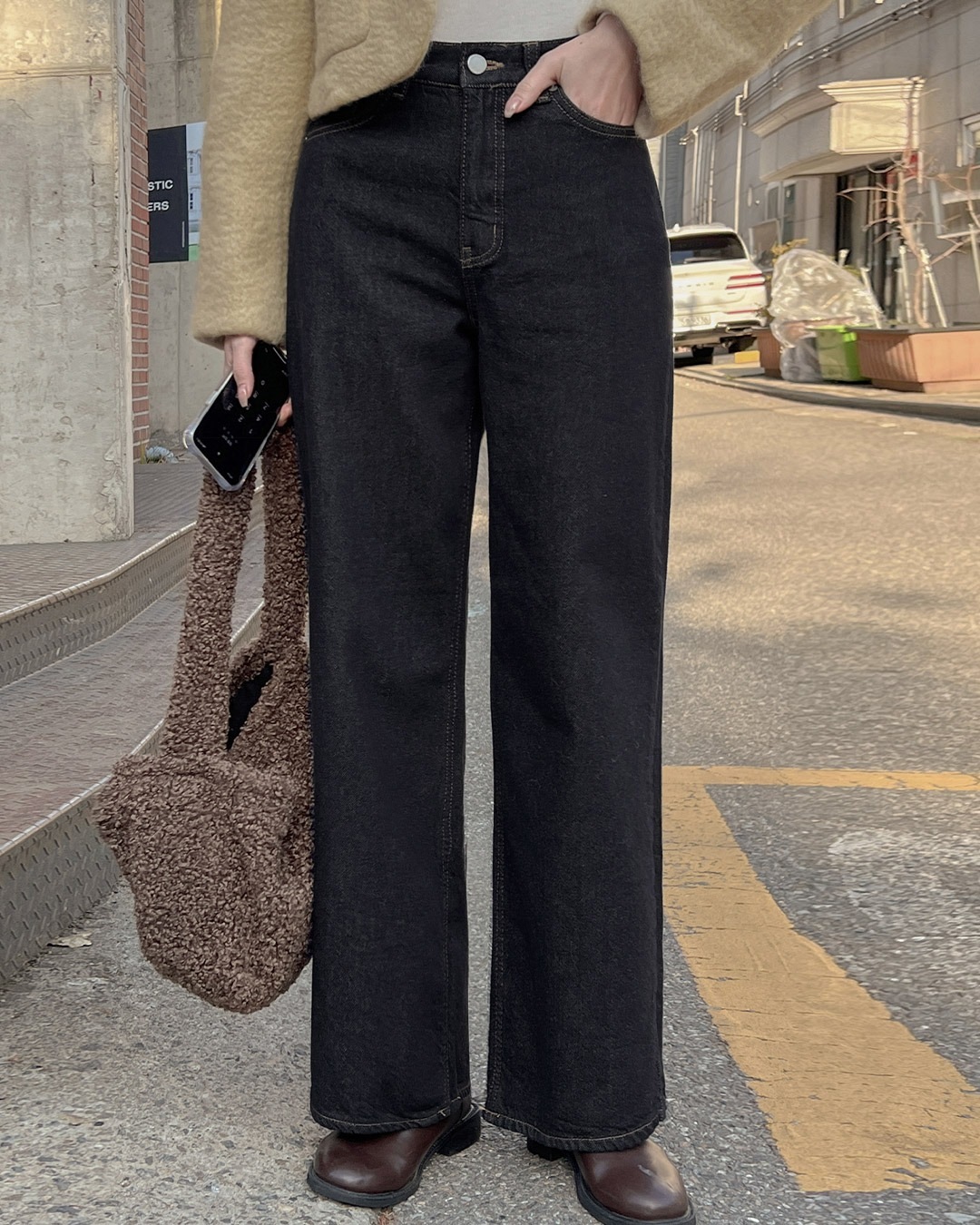 裏起毛ワイドデニムパンツ韓国ファッション レディース