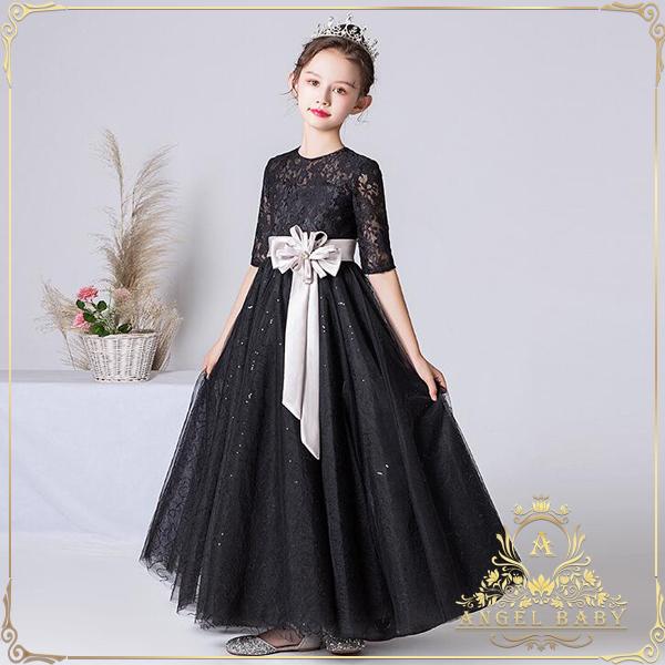 子供 ロングドレス ピアノ ジュニア 子どもフォーマル発表会 結婚式 演奏会 黒 フィッシュテールドレス キッズドレス 七五三 コンクール