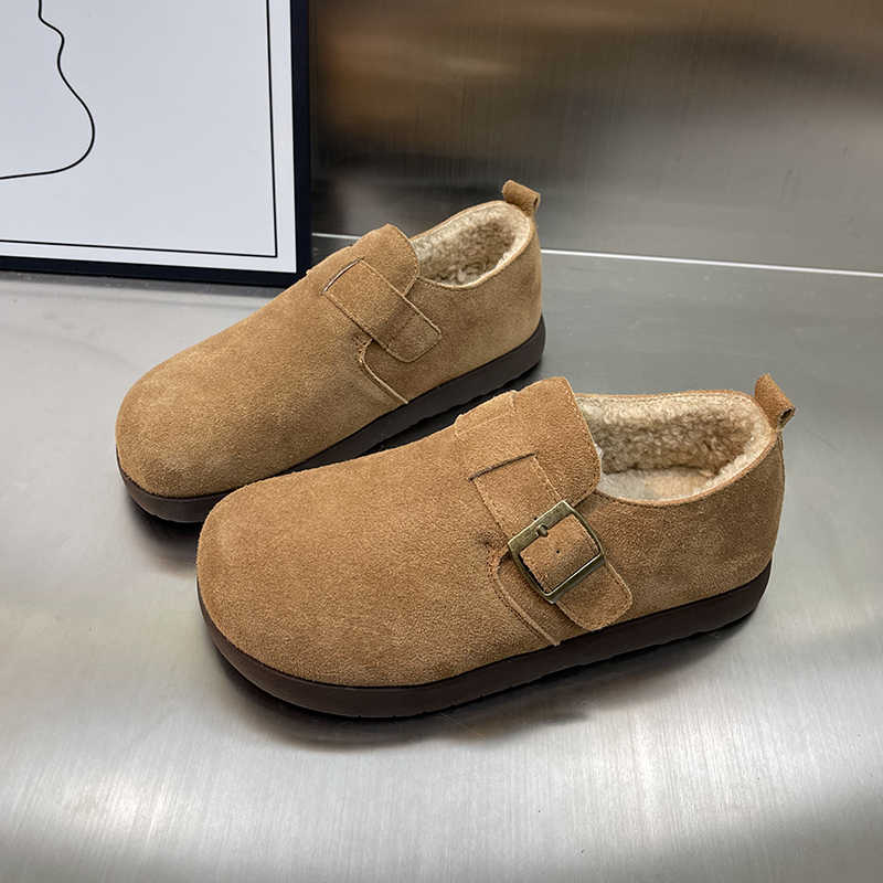 レトロなブーケン靴女性の冬の新ファッション百合研磨ソフト底怠け者靴にスエードと厚手のパン靴