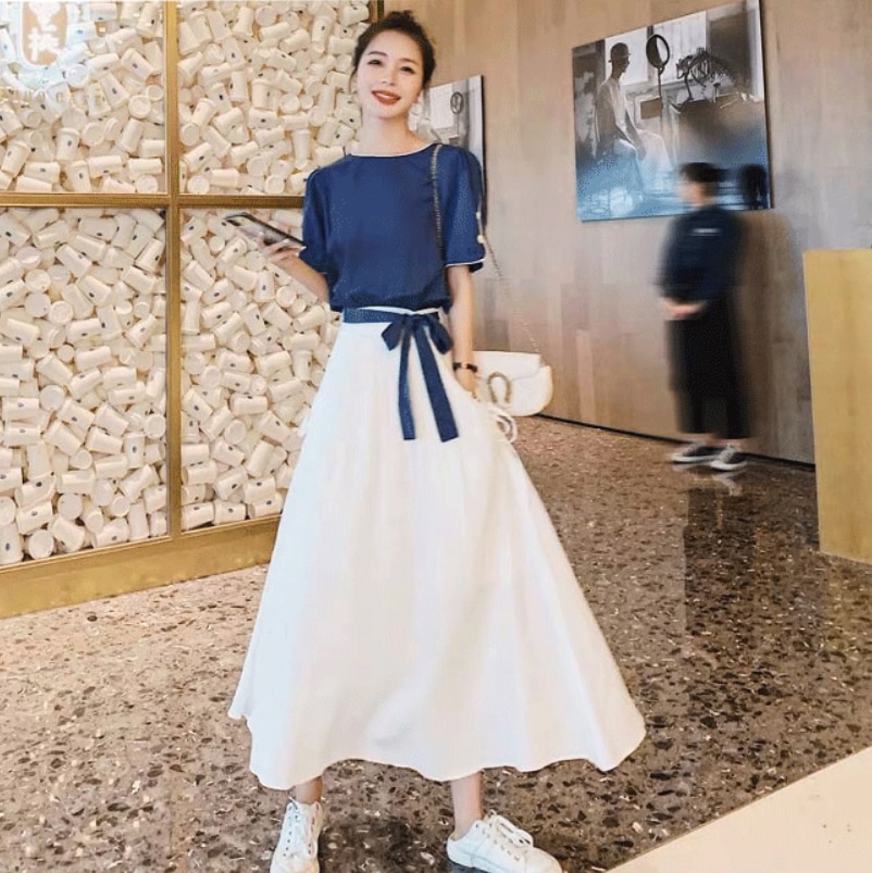 ワンピース カジュアルドレス ロング ロング丈 袖あり 半袖 ラウンドネック Aライン フレア ベルト ウエストマーク ウエストリボン レトロ 個性的 ブルー S M L XL ハイウエスト