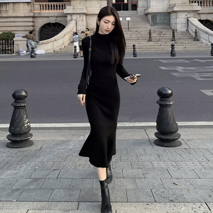 ワンピース ワンピドレス ロング ロング丈 袖あり 長袖 ハイネック 襟なし マーメイド ハイウエスト ニット かわいい 大人可愛い きれいめ シンプル 大人 上品 おしゃれ お洒落 アジアン