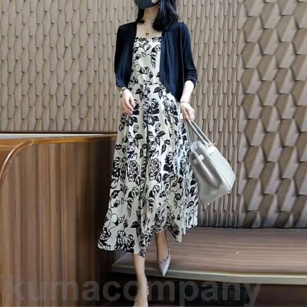 セットアップ 2点セット ワンピース カーディガン 羽織り キャミワンピ エレガント きれいめ カジュアル 長袖 ミモレ丈 おしゃれ 大人 可愛い プリント 花柄 フェミニン ナチュラル ベージュ ブ