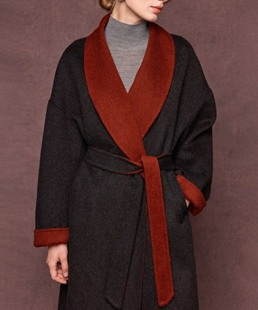 【2024新作】【表裏どちらでも着られるデザイン】10％ヤクウール・90％メリノウール リバーシブル風 ロングコート レディース 秋冬 防寒 暖かい シンプル おしゃれ カジュアル フォーマル ベルト