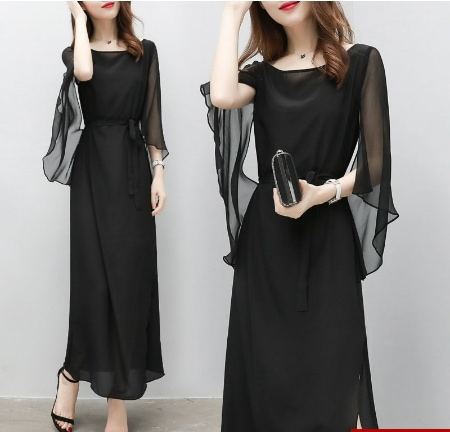 イブニングドレス ワンピース ロングワンピース ロング ロング丈 Uネック ラウンドネック Aライン シフォン スリット サイドスリット 透け感 かわいい 大人可愛い きれいめ シンプル 大人 上品