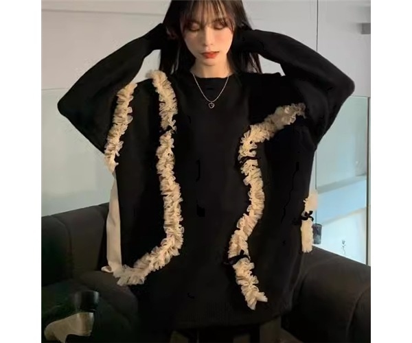 レディース トップス ニット セーター プルオーバー ミドル丈 長袖 ラウンドネック レース かわいい 大人可愛い カジュアル おしゃれ レトロ ラフ ガーリー ルーズ 個性的 モダン 存在感