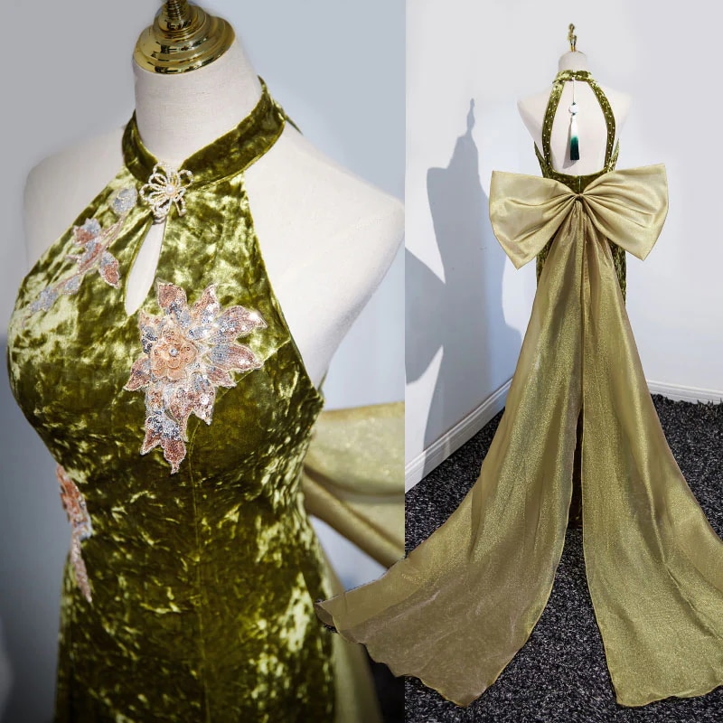 カラードレス ロングドレス パーティードレス グリーン オリーブ ベロア ホルターネック ウェディングドレス チャイナ風ドレス ベルベット 二次会 前撮り マーメイドドレス 花嫁 演奏会 発表会 披露