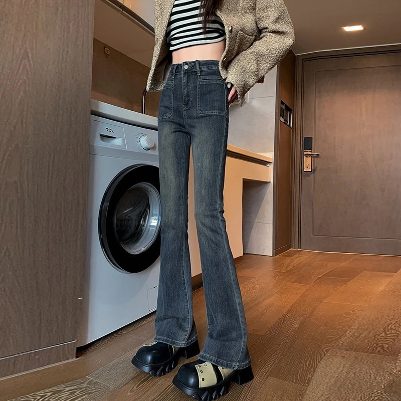 秋冬の女性用セメントグレーブーツカットジーンズハイウエスト伸縮性スリムスリムホースシューワイドレッグフレアパンツ