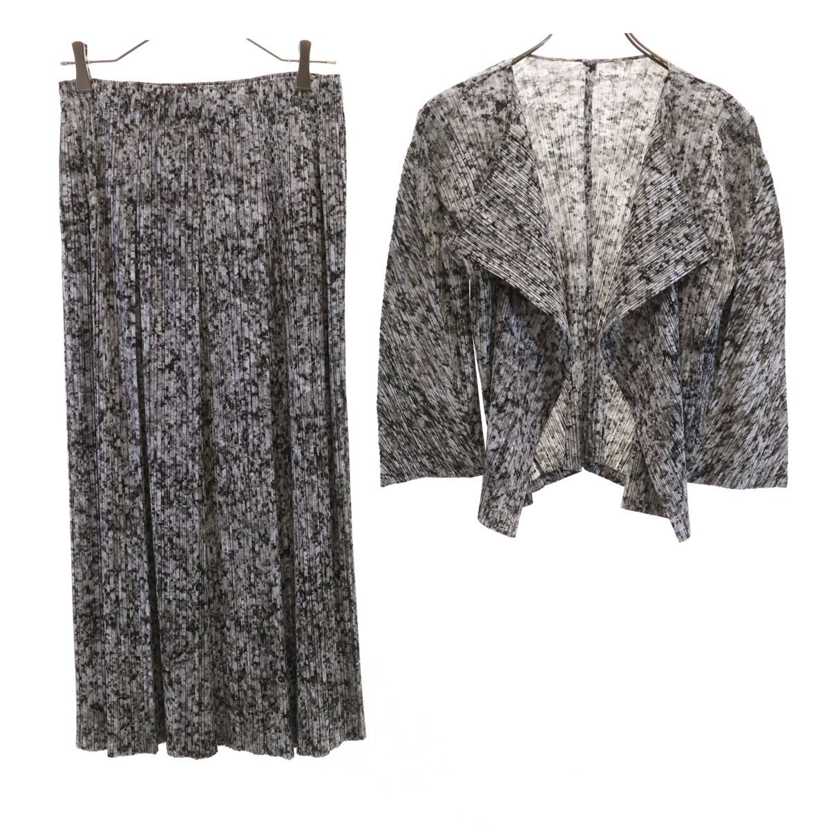 PLEATS PLEASE プリーツプリーズ 日本製 総柄 7分袖 カーディガン 上下セットアップ 3/4 グレー イッセイミヤケ レディース 古着