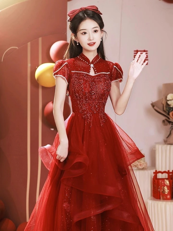 チャイナドレス 2025 花嫁の結婚式レッドメインウェディングドレスハイエンド婚約ドレス女性