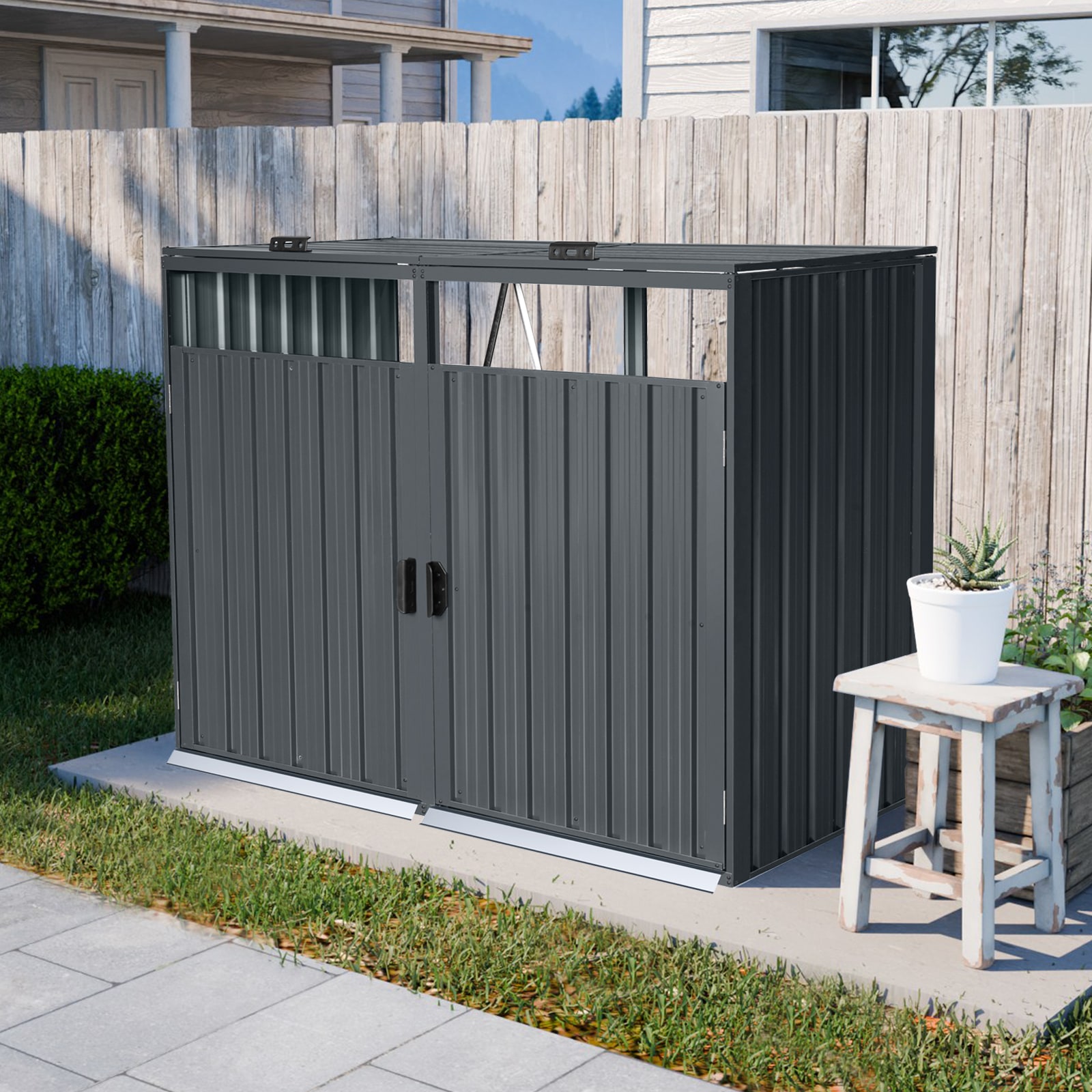 【国内へ発送&送·料·無·料】265ゴミ収納庫 物置き 戸外収納庫 ゴミストッカー スチール 2分別 ゴミステーション 防さび 防水 施錠可能 ガーデニング 庭