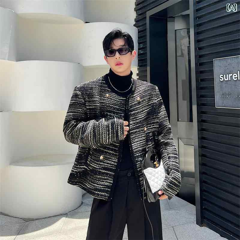 コート メンズ ウール ジャケット ダブル おしゃれ 秋冬 レトロ 暖かい 韓国 ショート ラウンドネック ノーカラー