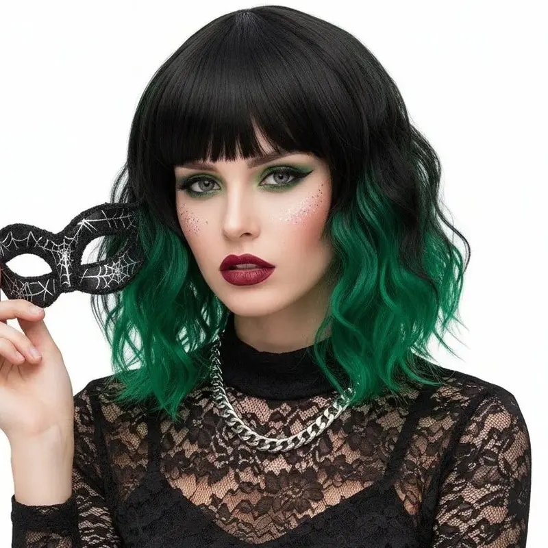 Msiwig-女性用フリンジ付きショート合成コスプレウィッグピンクネットウェーブパープルピンクオンブルヘアウィッグ