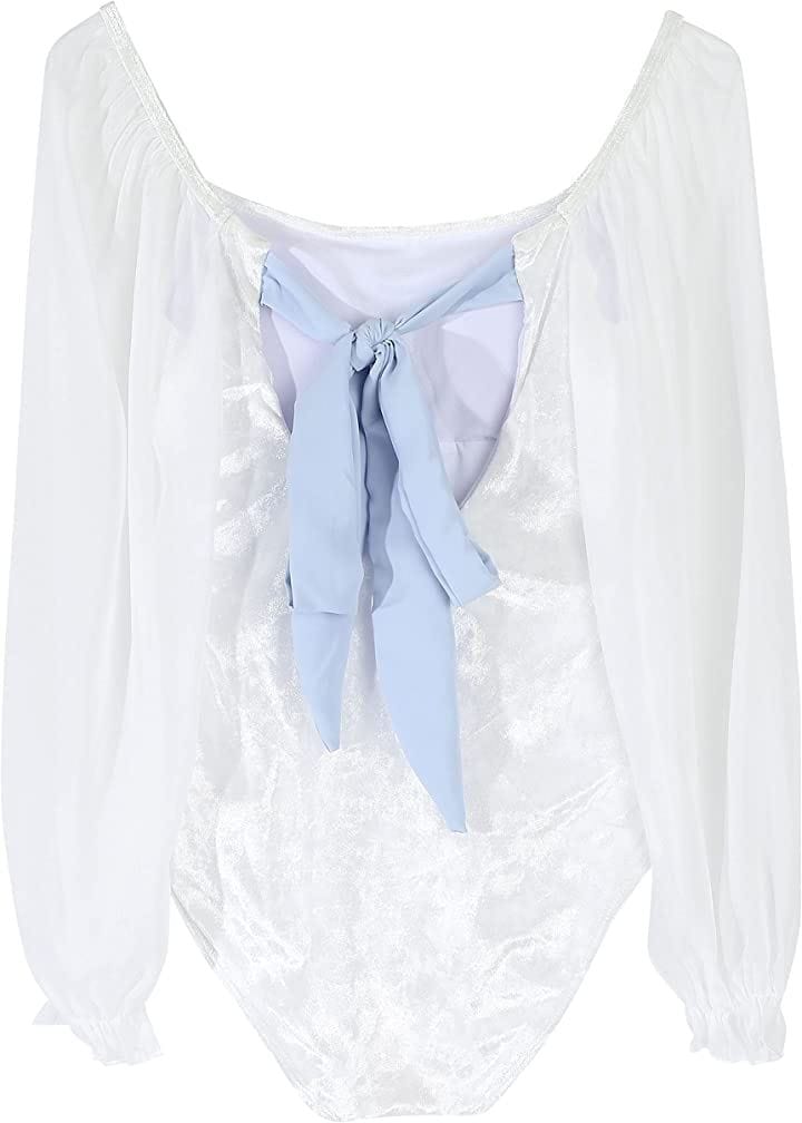 ウエストコンシャス パフスリーブ ワンピース 体型カバー 水着( プレミアム長袖/ホワイト・ブルーリボン, L)