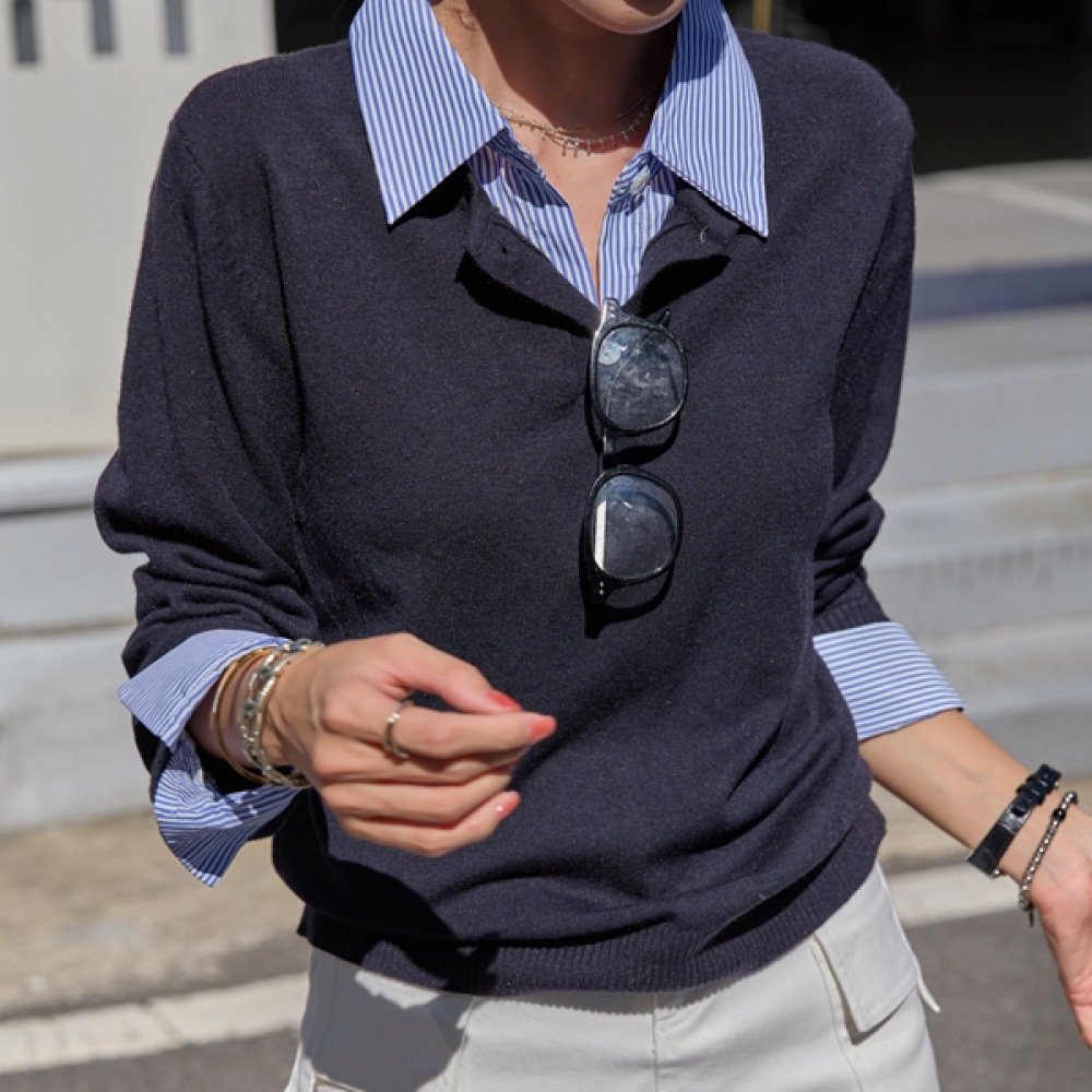 (NAK21) ストライプシャツレイヤリングニットティー NK43-T-51