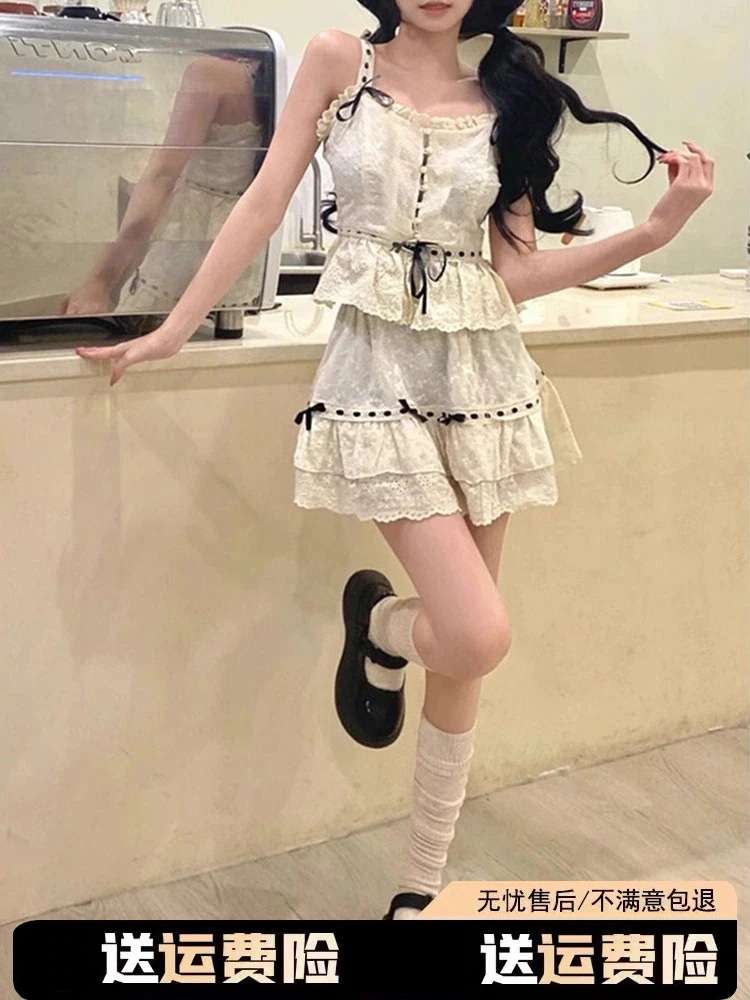 女性用可愛いワンピースツーピーススーツサマーレースキャミソール+aラインスカート